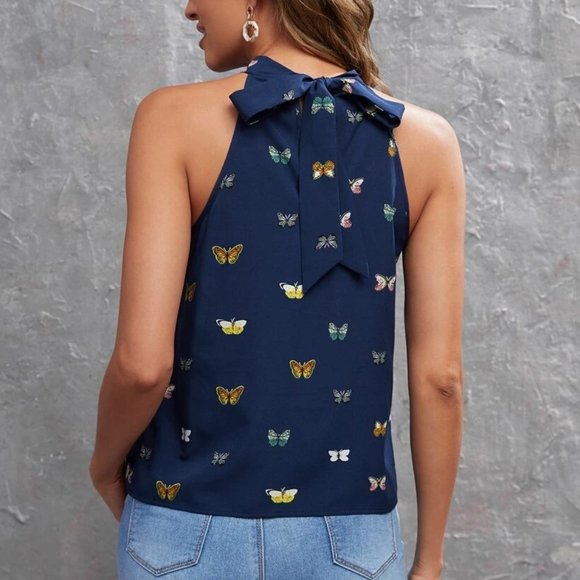 Blue Butterfly Print Tie Back Halter Top - Picture 5 of 5